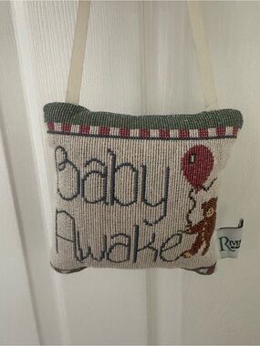 Riviera Cream Hanging Door Pillow with Navy Text, Red Balloon and Brown Bear